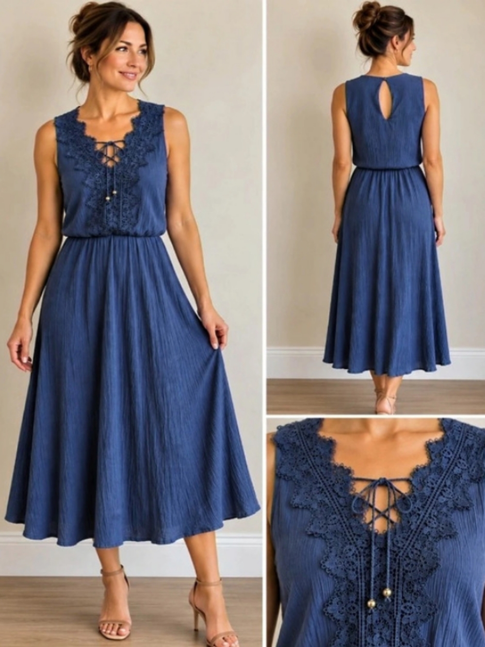 Dressbarn Blue Boho Lace Up Crochet Lace Crinkle Midi Dress M